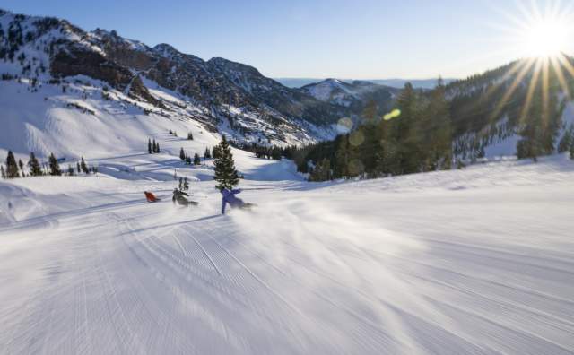 Skier going down a run at Snowbird Resort.