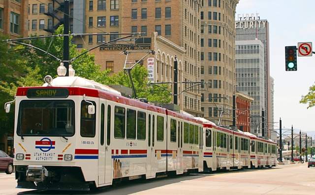 Trax passing 300 S in downtown Salt Lake