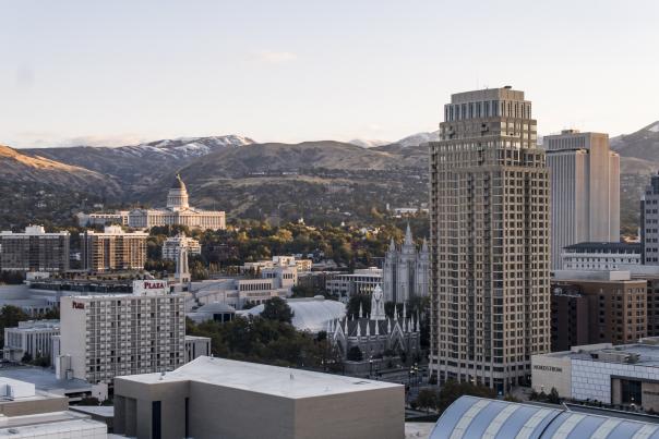 Drone Shot of Downtown, Capitol, Temple