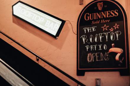 Image of a sign going up to the rooftop in Piper Down Pub