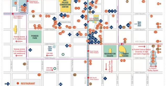 Map of Downtown showing locations of restaurants, bars and coffee shops