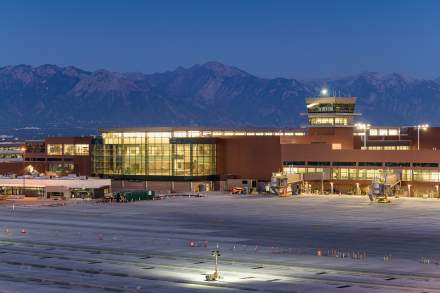Exterior of the new Salt  Lake International Airport at night