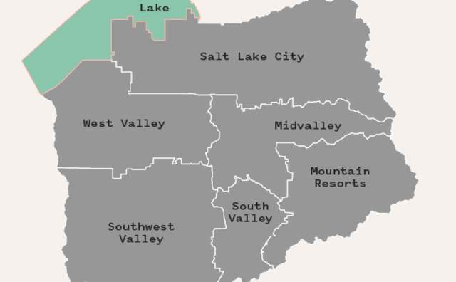 Great Salt Lake area highlighted green on a map of Salt Lake County areas