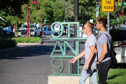 Two friends walking in Salt Lake's 9th and 9th neighborhood