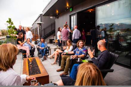 Image of a group of people enjoying the Crown Bar at Evo Hotel in Salt Lake.