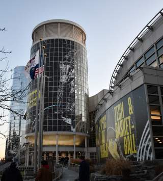 Image of the east side of the Salt Palace showing the main tower with the Hyatt Regency in the background