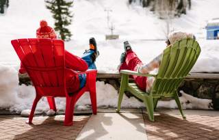 Skiers enjoying the patio at Solitude