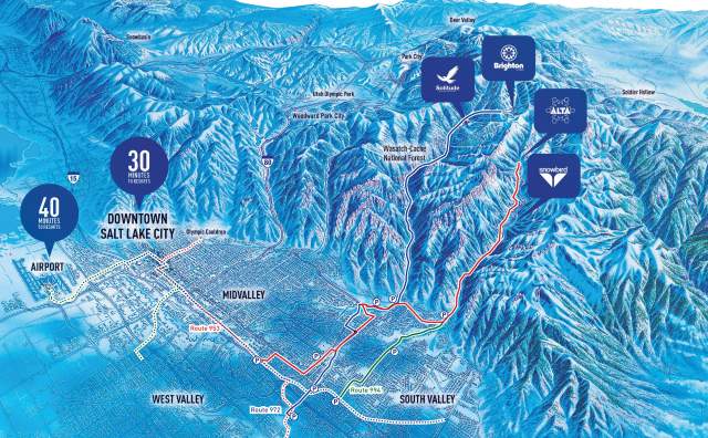 Salt Lake valley map with ski resorts marked