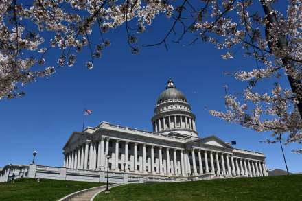 Utah State Capitol during cherry blossom season