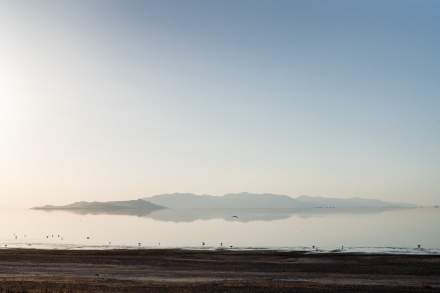 Shoreline of Great Salt Lake near the marina looking out toward Antelope island