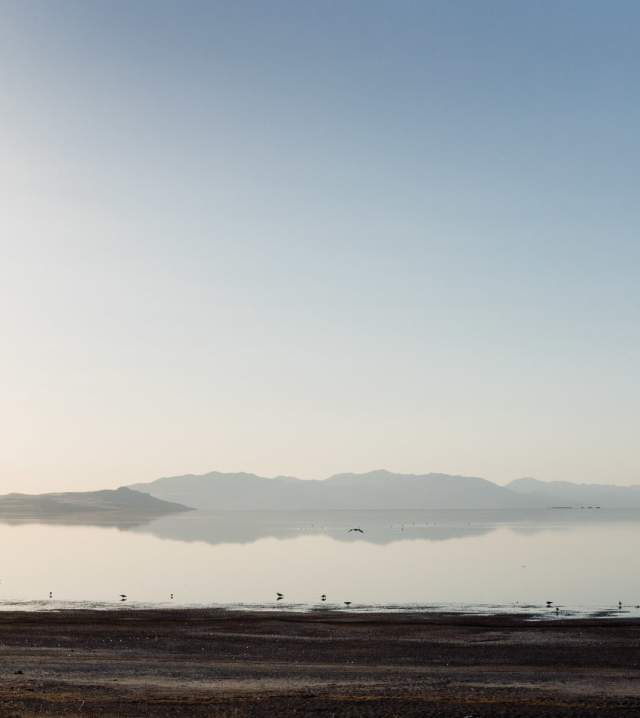 Shoreline of Great Salt Lake near the marina looking out toward Antelope island