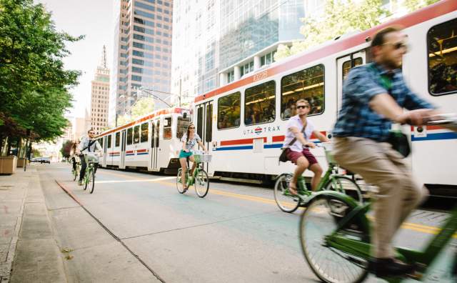 GREENbike Alongside Trax in downtown Salt Lake