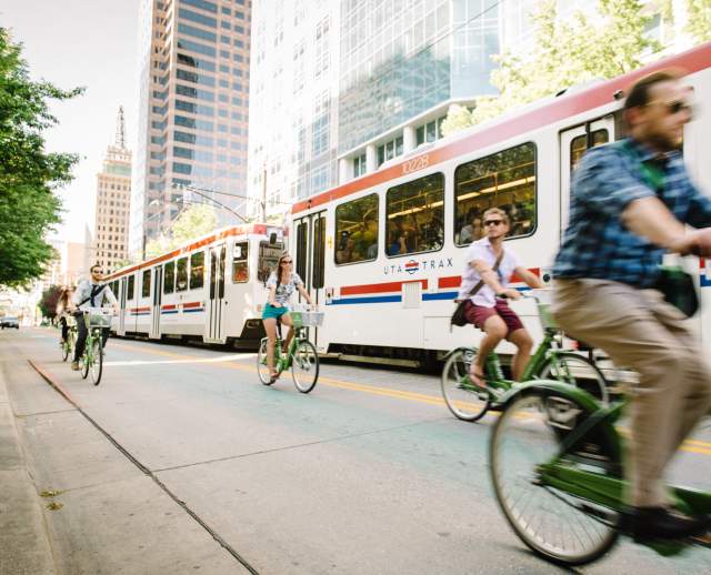 GREENbike Alongside Trax in downtown Salt Lake