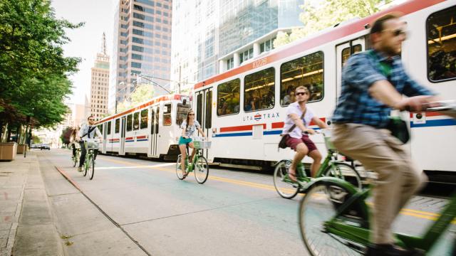 GREENbike Alongside Trax in downtown Salt Lake