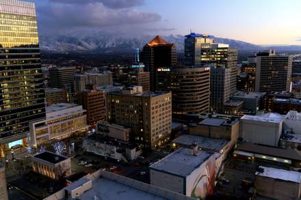 Drone shot of downtown in Winter