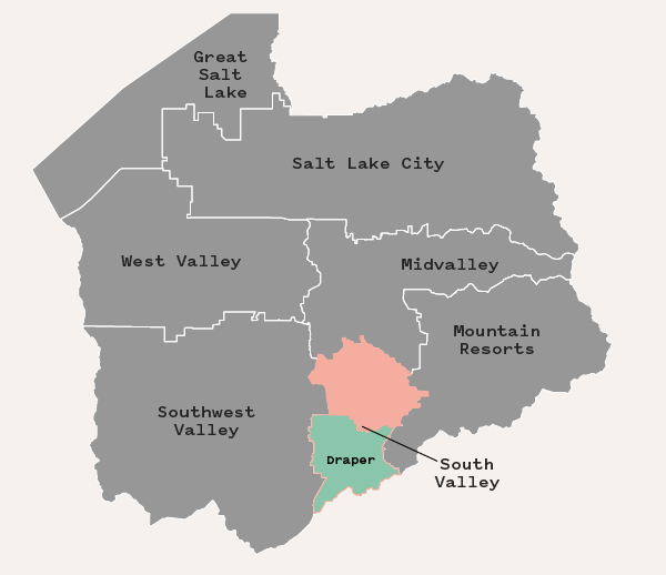 Map of Salt Lake County with Draper area highlighted in green and the South Valley area in pink