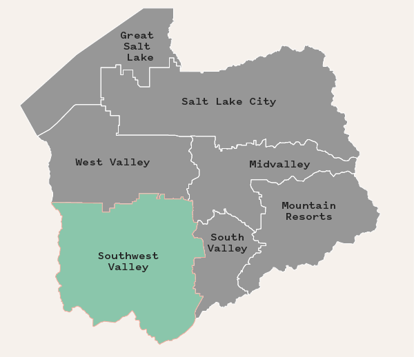 Map of Salt Lake County with the Southwest section highlighted