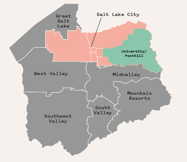 Map of Salt Lake County with Salt Lake City area highlighted and University/Foothill neighborhood in green